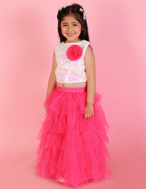 Girl's Sequins Top With Floral Corsage & Glitter Mesh Layered Skirt-Pink - Lil Peacock