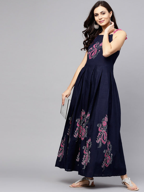 Women's  Navy Printed Maxi Dress - AKS