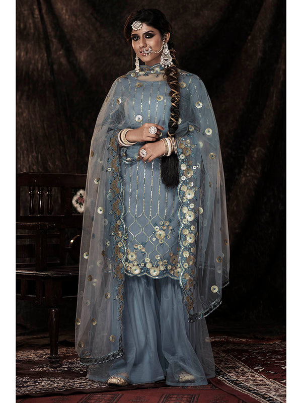 Women's Grey Net Embroidered Sharara Suit - Myracouture