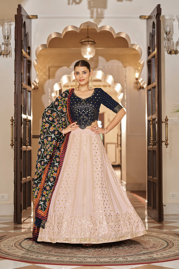 Women's Pink Georgette Sequince Embroidered Lehenga Set - Shubhkala