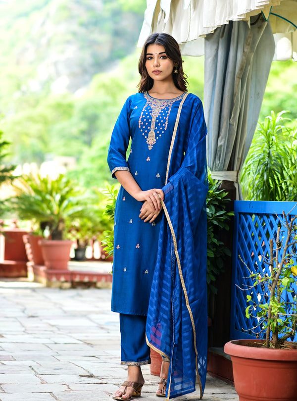 Women's Teal Blue Embroidered Dupatta Set - Yufta