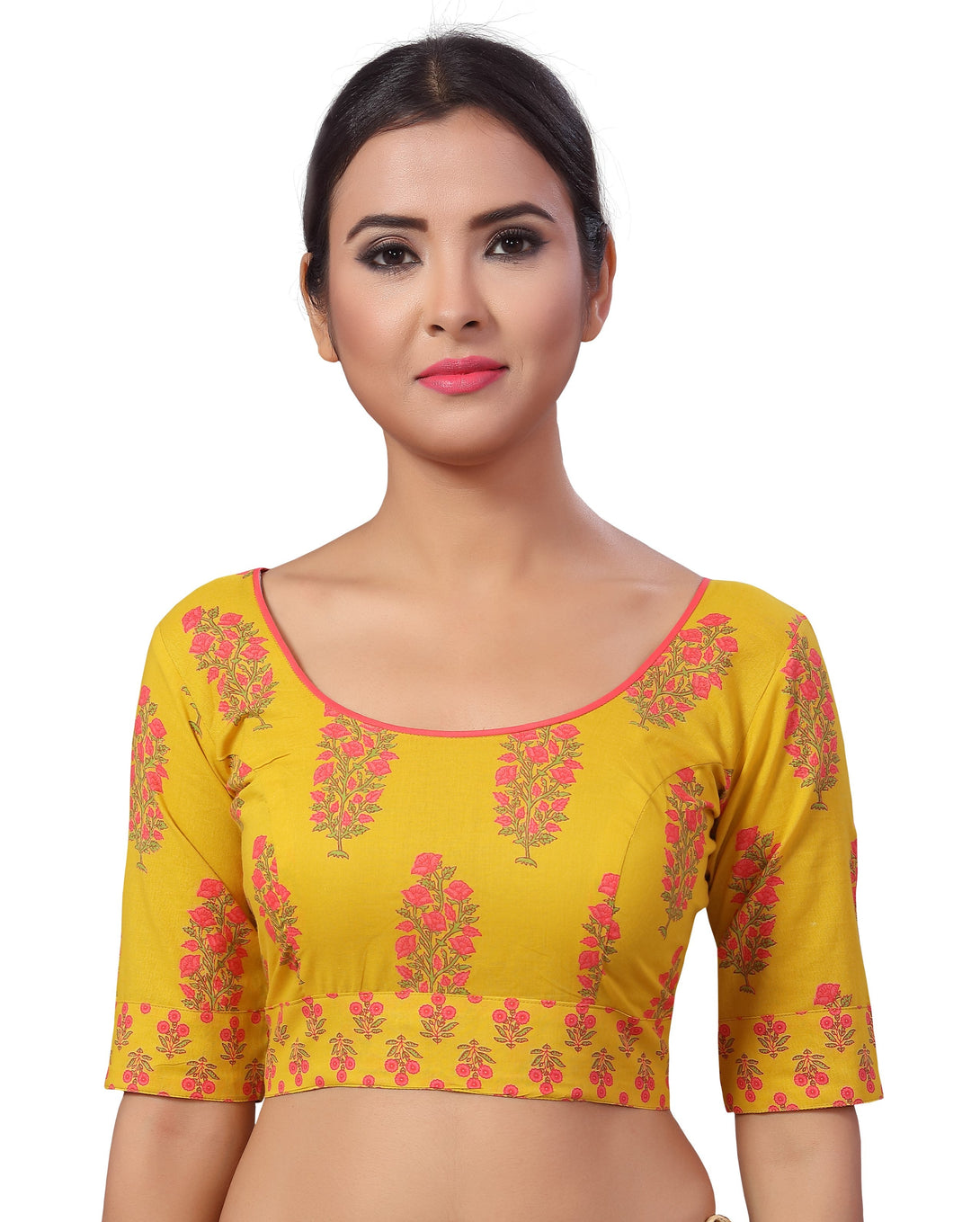 Women'S Yellow Block Printed Pure Cotton Readymade Saree Blouse  - Shringaar