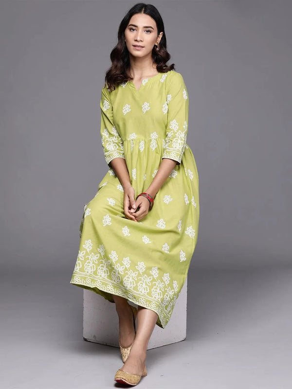 Green Printed Cotton Dress - Jashvi