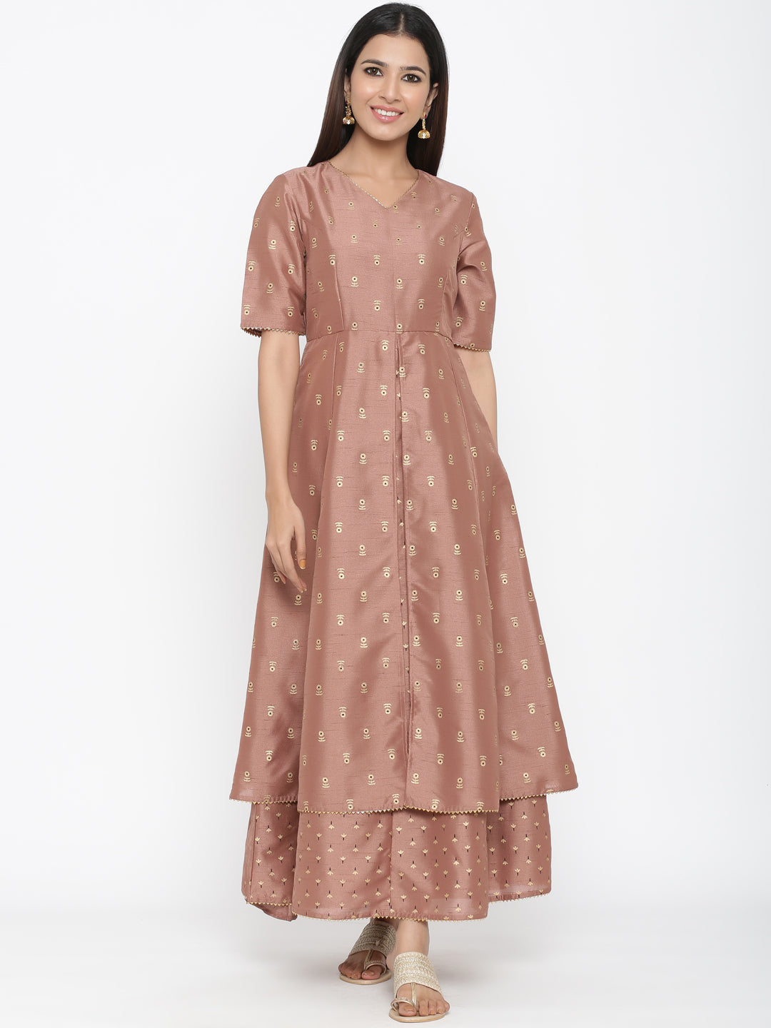 Women's Brown Dupion Slub Printed Layered Dress - Juniper