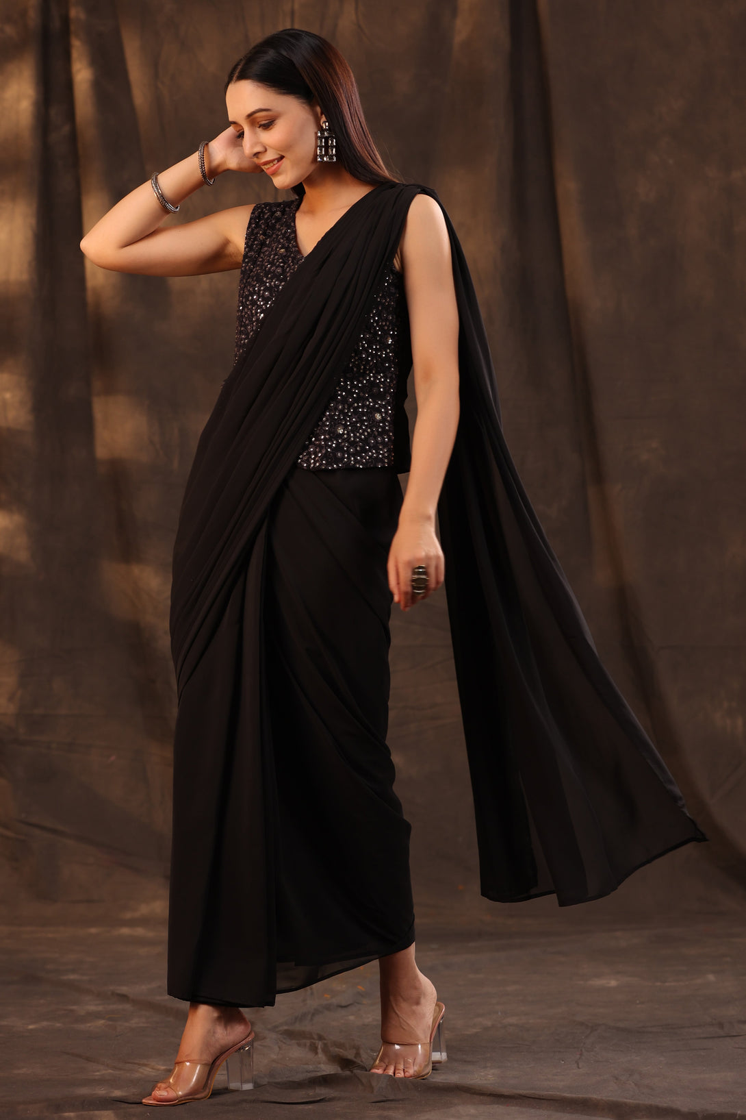 Women's Black Georgette Embellished Saree Style Dress - Juniper