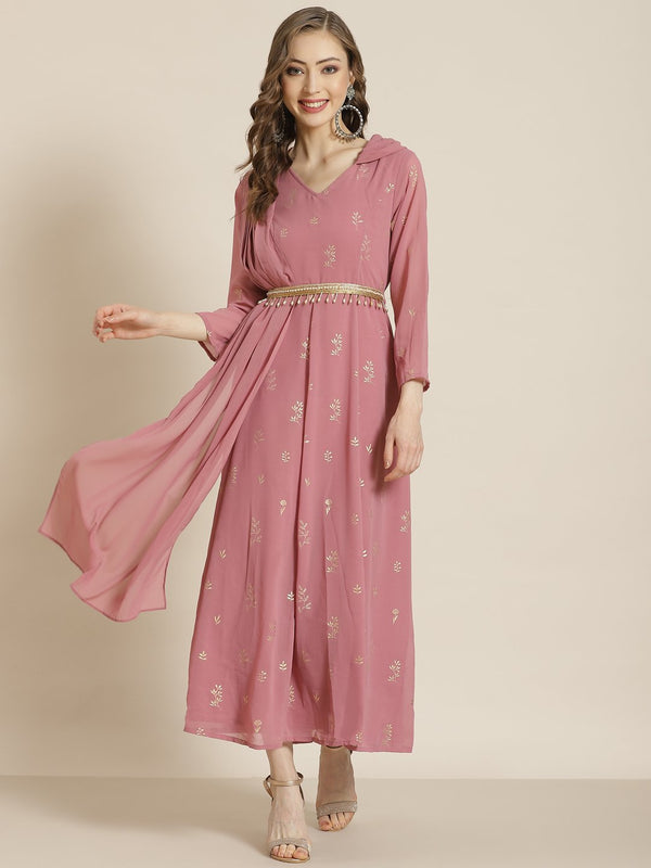 Women's Rosegold Georgette Printed Flared Gown - Juniper