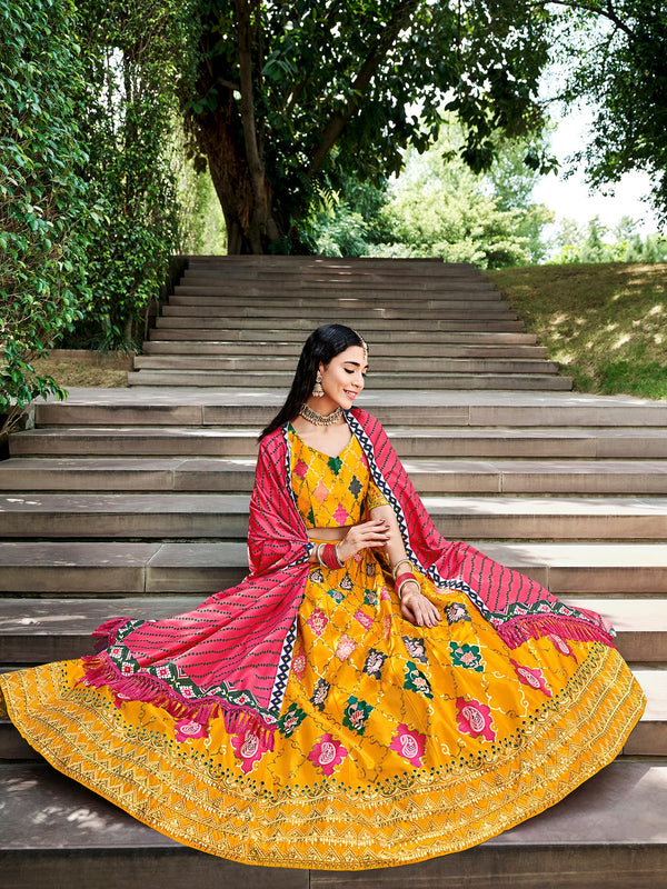 Women's Yellow Silk Thread With Sequince Embroidered Lehenga Set - Shubhkala