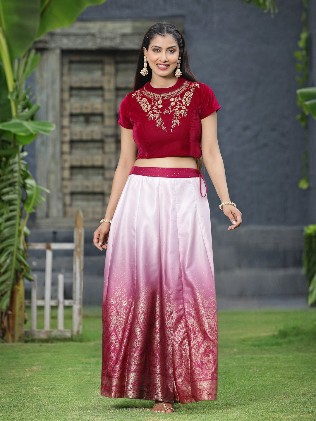 Women's Wine Velvet & Dull Satin Embroidered Lehenga Choli Set - Juniper