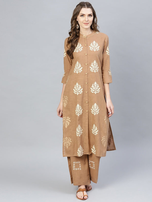 Women's  Brown & Off-White Khari Print Kurta with Palazzos - AKS