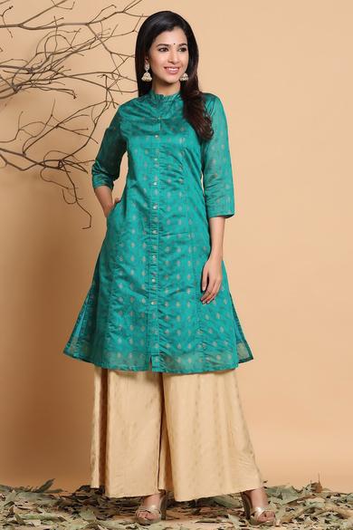 Emeraldgreen Chanderi Silk Printed A-Line Kurta - Juniper