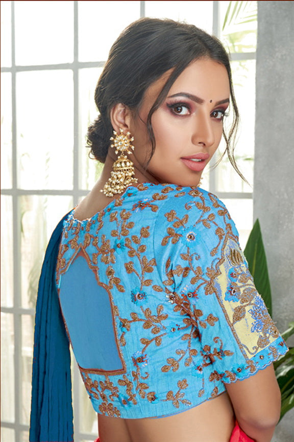 Blue Silk Crepe Embroidered Ready to Wear Saree with Stitched Blouse