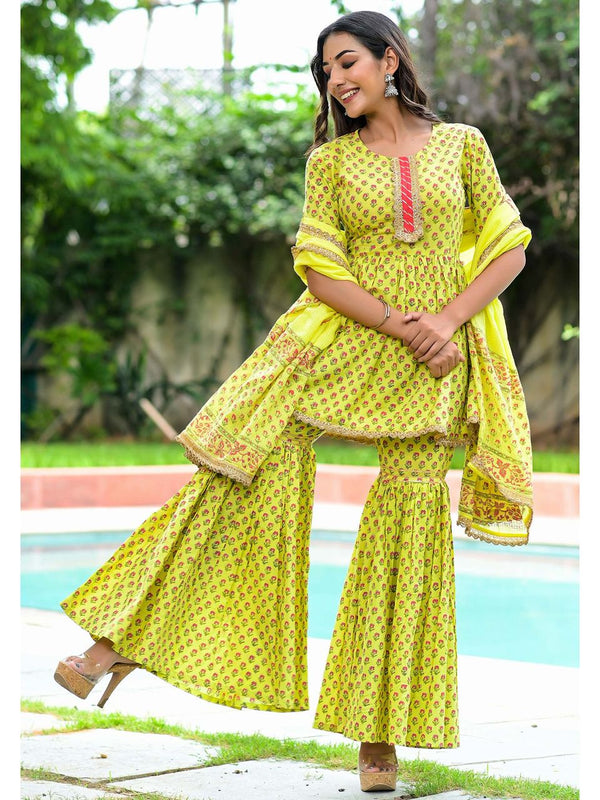 Women's Lime Green Hand Block Sharara Suit Set - Hatheli