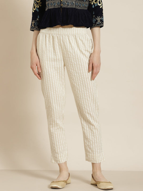 Women's Natural Cotton Striped Trousers with Hair-band - Juniper