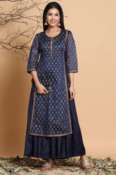 Navy Chanderi Silk Printed Layered Kurta Dress With Purse & Hair-Band - Juniper