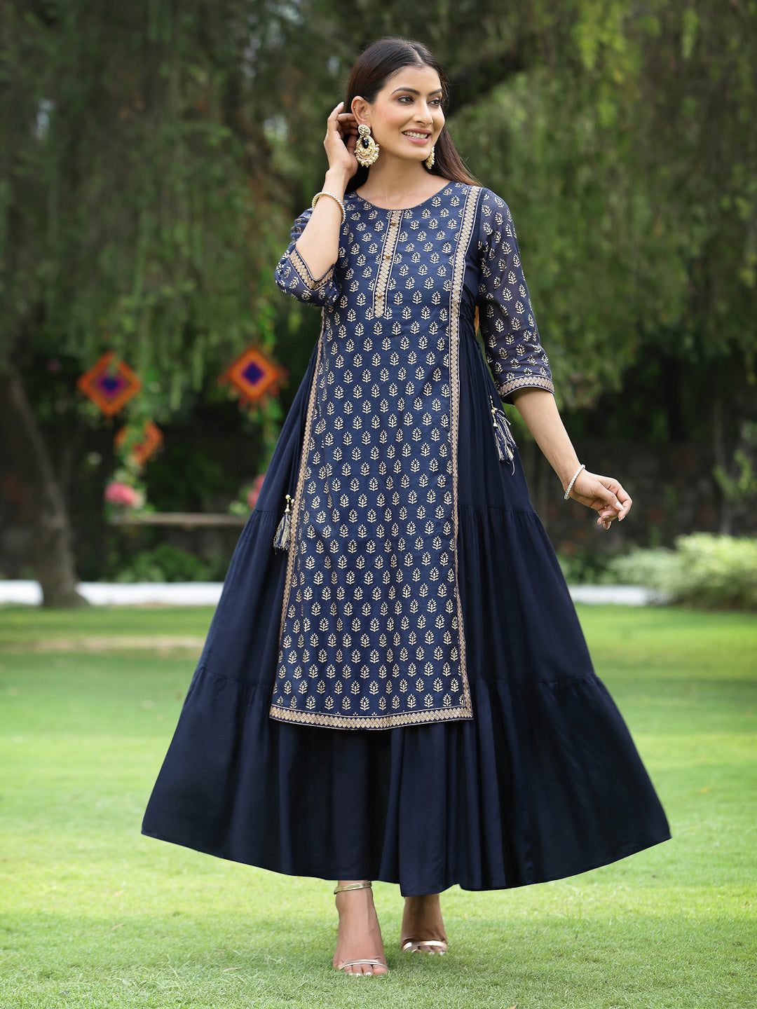 Women's Navy Chanderi Silk Printed Layered Dress - Juniper