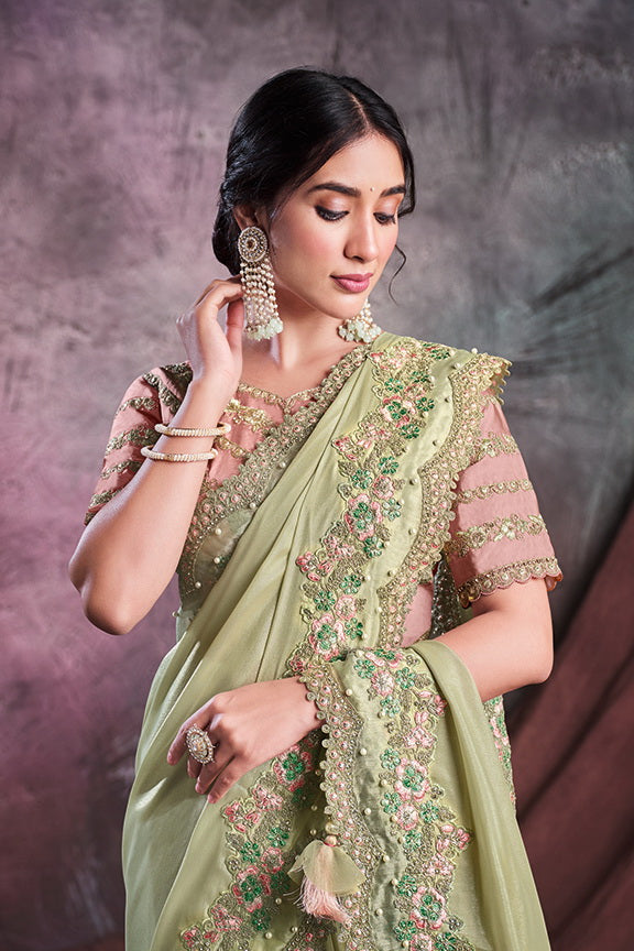 Green Shimmer Silk Georgette Embroidered Saree with Unstitched Blouse