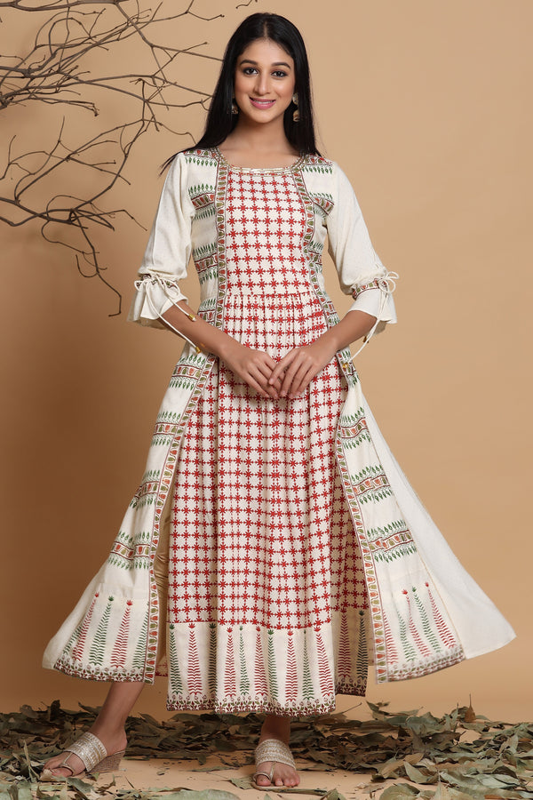 Jashvi Ivory Ethnic Motif Printed Rayon Dress &  Dori Tie-Up With Tassels On Sleeves