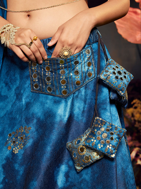 Women's Blue Velvet Sibburi Print With Sequince Embroidery Lehenga Set - Shubhkala