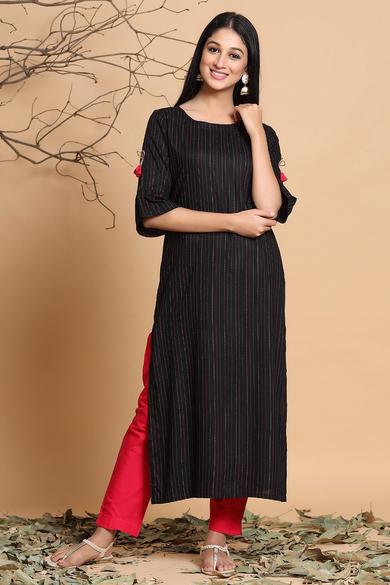 Black Rayon Striped Straight Kurta With Mask - Juniper