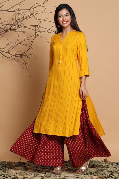 Mustard Rayon Kantha Print High Low Kurta With Mask - Juniper