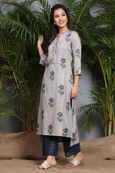 Grey Rayon Slub Floral Print High Low Kurta With Mask - Juniper