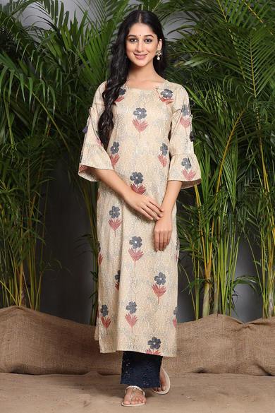 Beige Rayon Slub Floral Print A-Line Kurta With Mask - Juniper