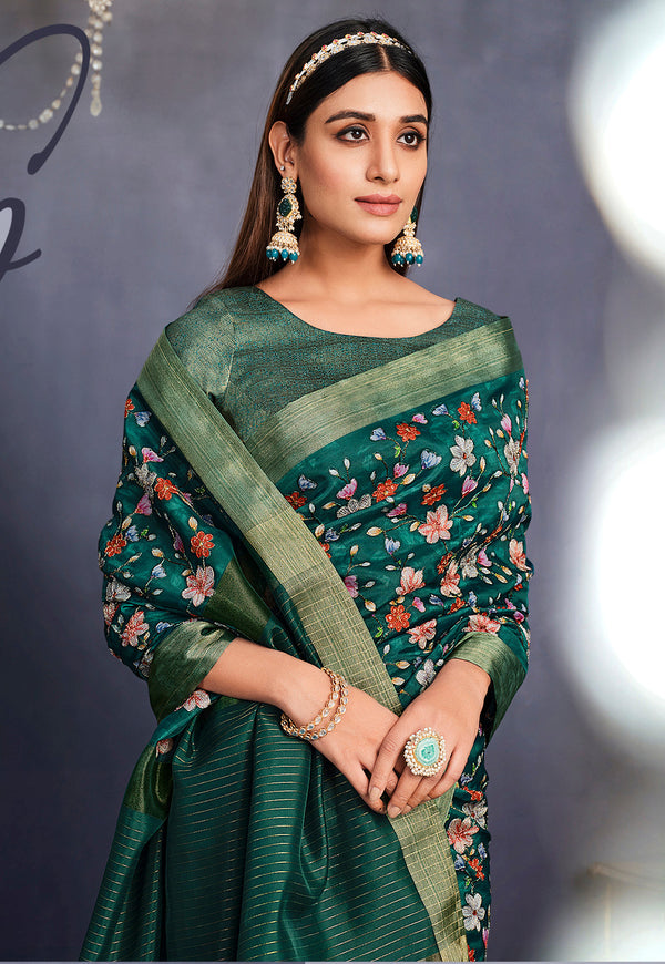 Women's Green Tusser Silk Design Saree With Unstitched Blouse Piece - Navyaa