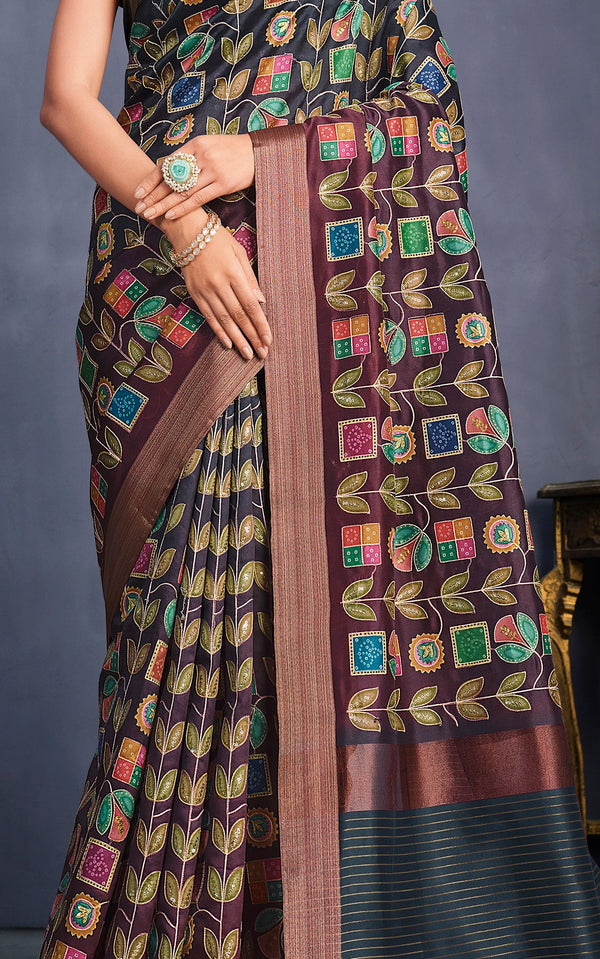 Women's Black & Maroon Tusser Silk Design Saree With Unstitched Blouse Piece - Navyaa