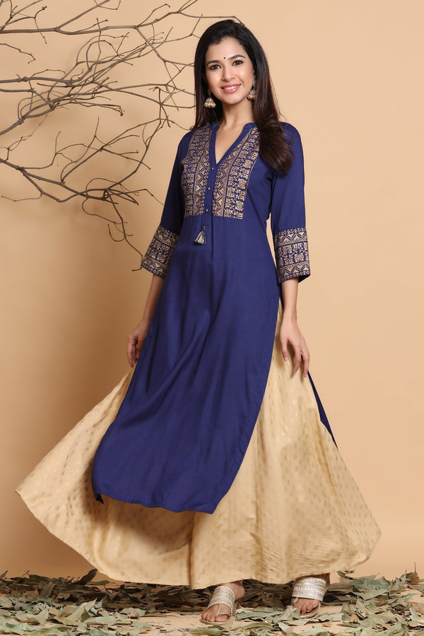 Jashvi Indigo Geometric Printed Rayon Kurta with Tassels Detail