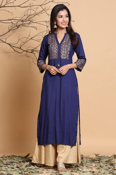 Indigo Rayon Printed Straight Kurta With Mask - Juniper