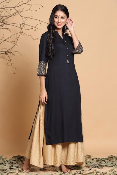 Black Rayon Printed Straight Kurta With Mask - Juniper