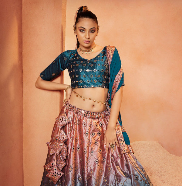 Women's Teal Blue Velvet Sequince Embroidered Lehenga Set - Shubhkala