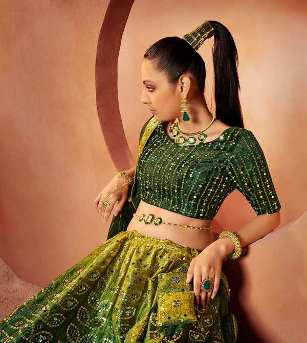 Women's Green Velvet Sequince Embroidered Lehenga Set - Shubhkala