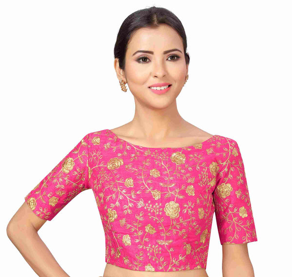 Women Pink Zari Saree Blouse by Shringaar (1pc)