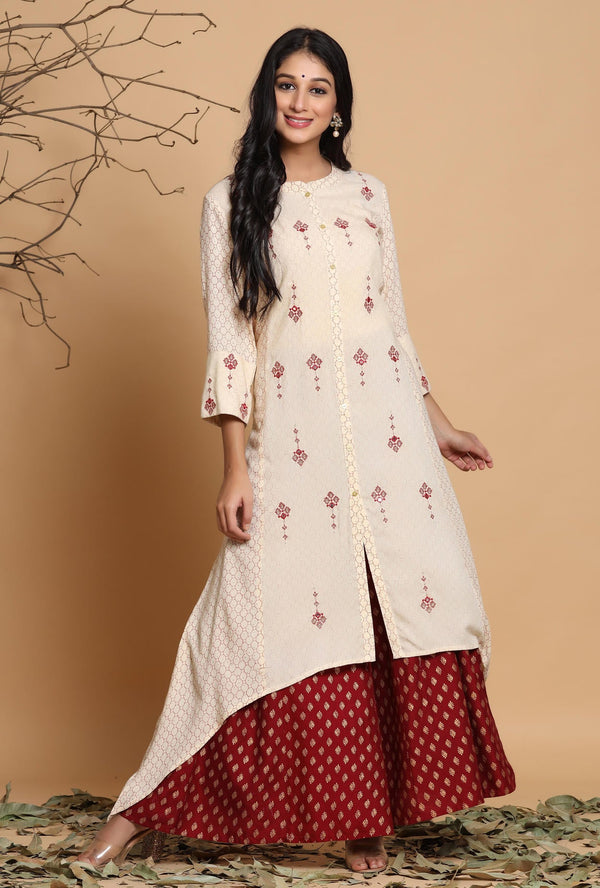 Jashvi Ivory Geometric Printed & Embroidered Rayon Kurta