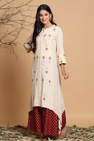 Ivory Rayon Printed Asymmetric Kurta With Mask - Juniper