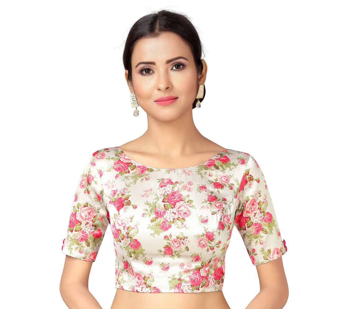 Women'S Off-White & Pink Rose Printed Readymade Saree Blouse With Short Sleeves - Shringaar