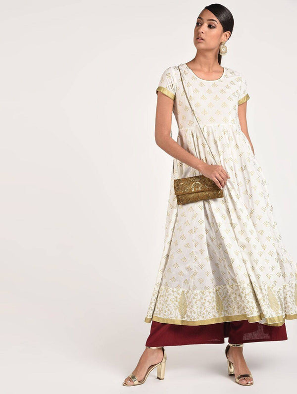 Women's Off-White Cotton Beautiful Gold Print Back Dori Latkan Anarkali Kurta Only - Cheera