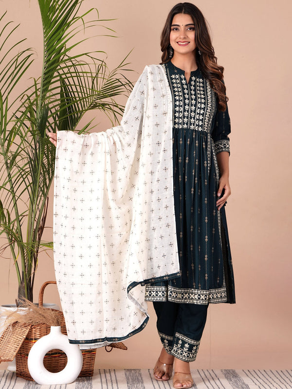 Women's Floral Printed Empire Thread Work Kurta With Palazzos & Dupatta - Noz2Toz