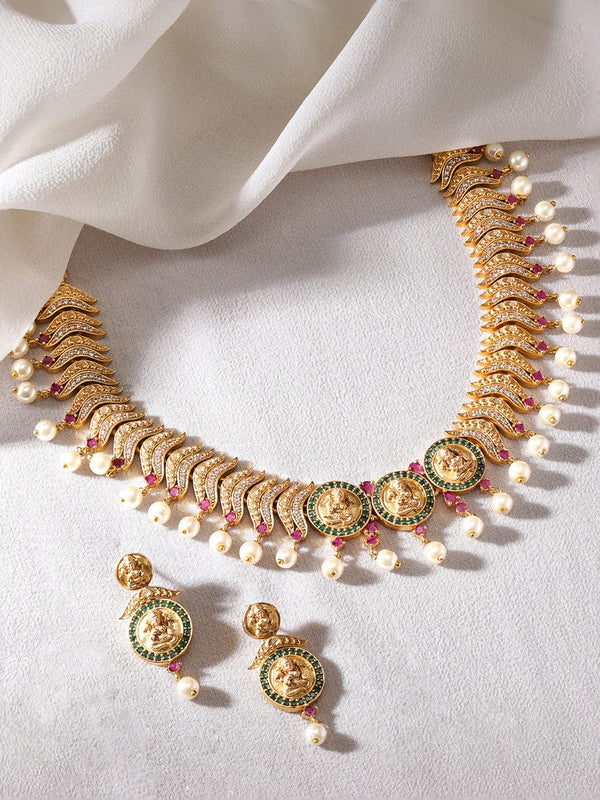 Rubans 22K Gold plated Ruby & emerald Zirconia studded pearl dangle Luxury Temple Short Necklace set