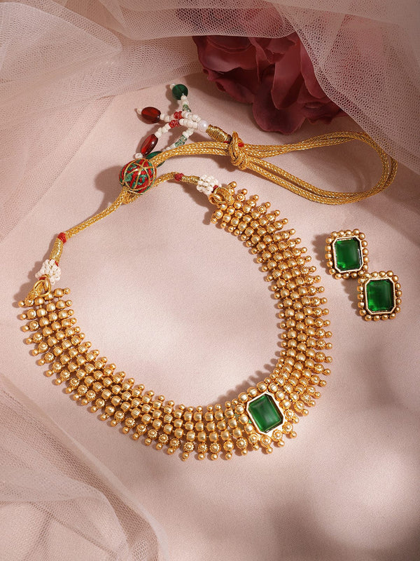 22KT Gold Plated Brass Emerald Stone Studded Intricate Necklace With Earrings Set