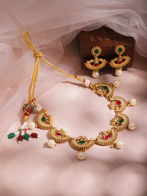 22KT Gold Plated Brass Red And Green Stone Studded Pearls Hanging Jewellery Set