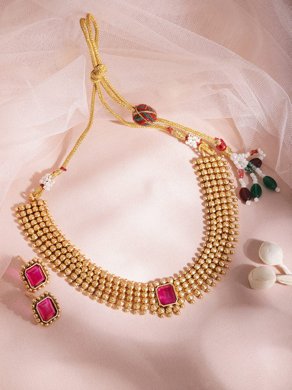 22KT Gold Plated Brass Ruby Stone Studded Intricate Necklace With Earrings Set