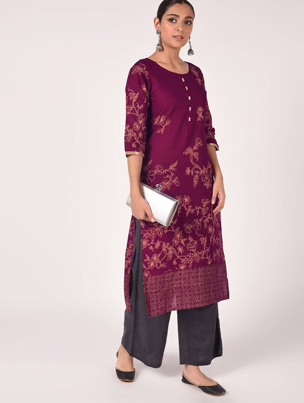 Women's Purple Hand Block Print Straight Kurta Only - Cheera