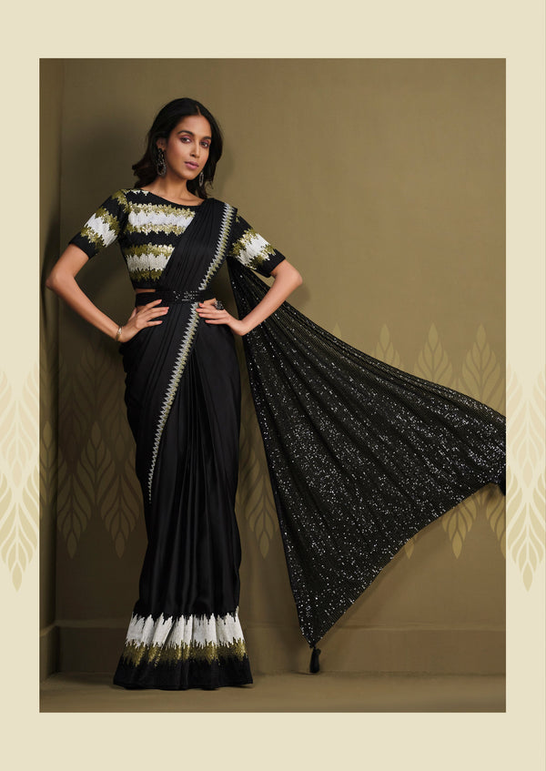 Women's Black Crepe Silk Design Saree With Unstitched Blouse Piece - Navyaa