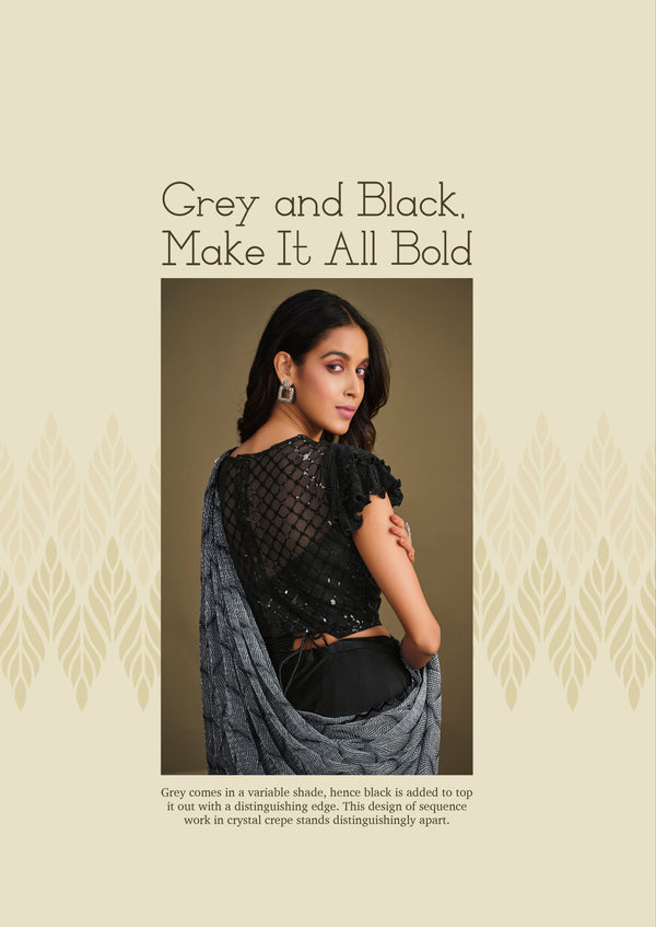 Women's Grey & Black Crystal Crepe Design Saree With Unstitched Blouse Piece - Navyaa