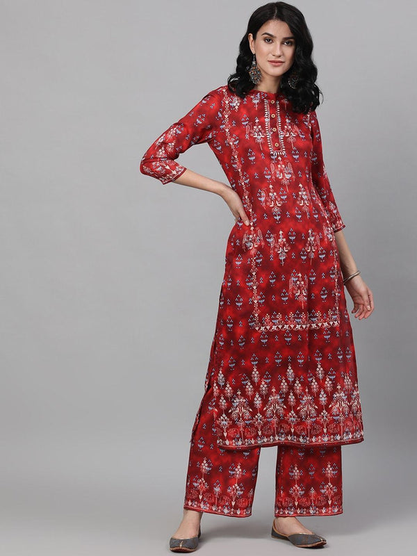 Women's  Red & Beige Printed Kurta with Palazzos - AKS