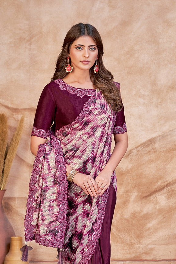 Wine Satin Silk Embroidered Saree with Stitched Blouse