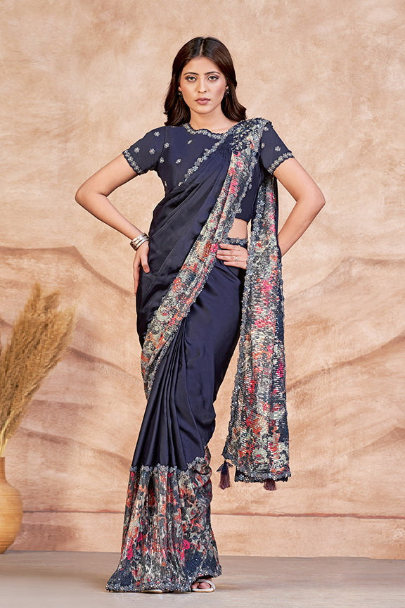 Blue Satin Silk Embroidered Saree with Stitched Blouse