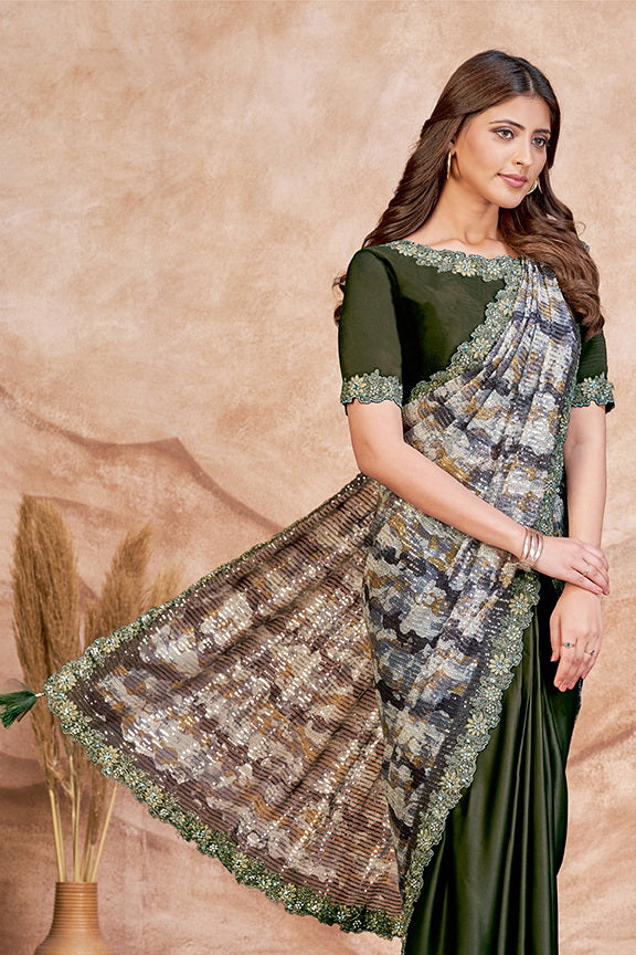 Green Satin Silk Embroidered Saree with Stitched Blouse